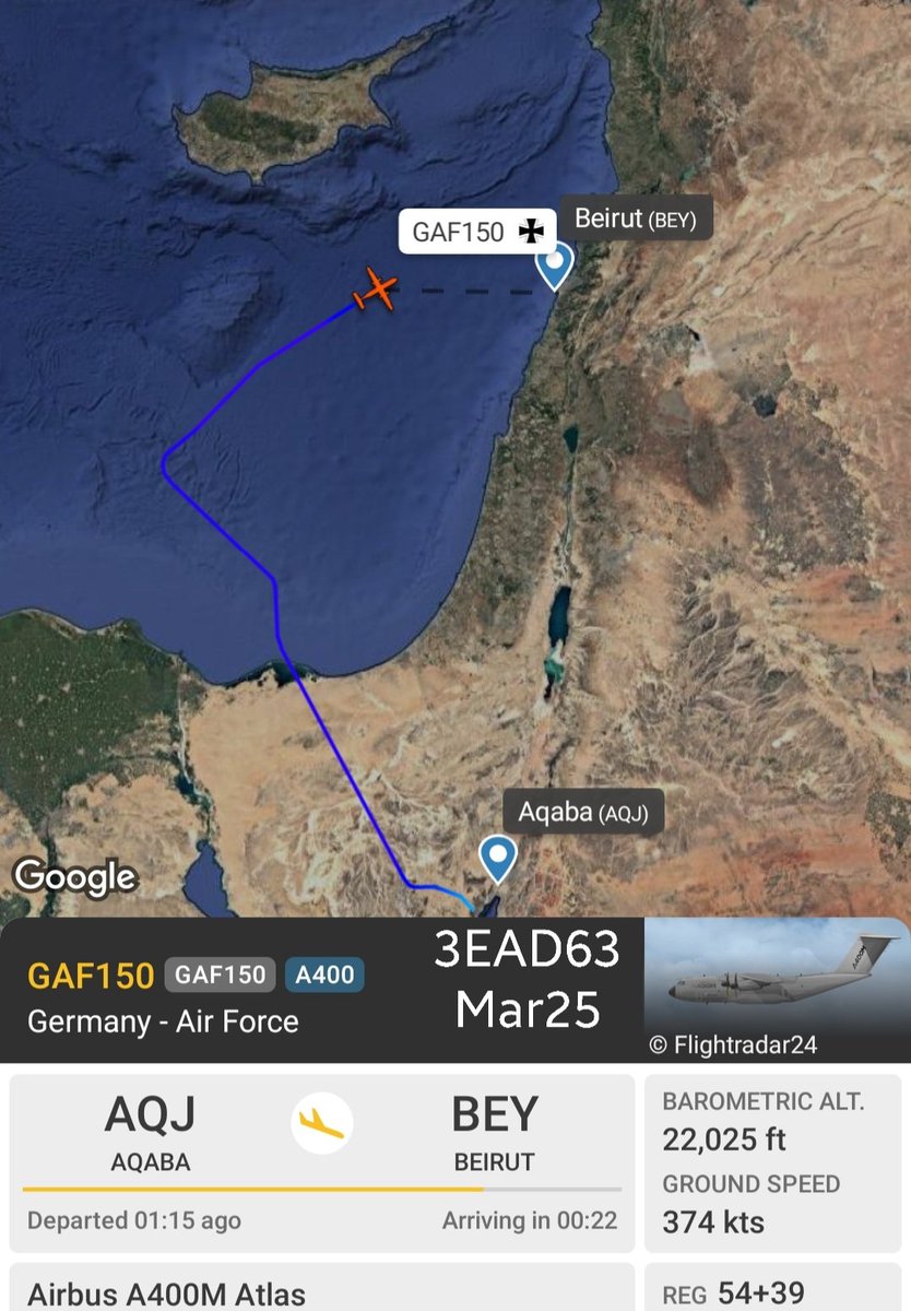 LebanonJets's tweet photo. 2nd day in a row for #Germany AirForce A400M 54+39 #3EAD63 into #Beirut from Amman(ADJ/Marka) via Aqaba https://t.co/BGQvUv9Ga9