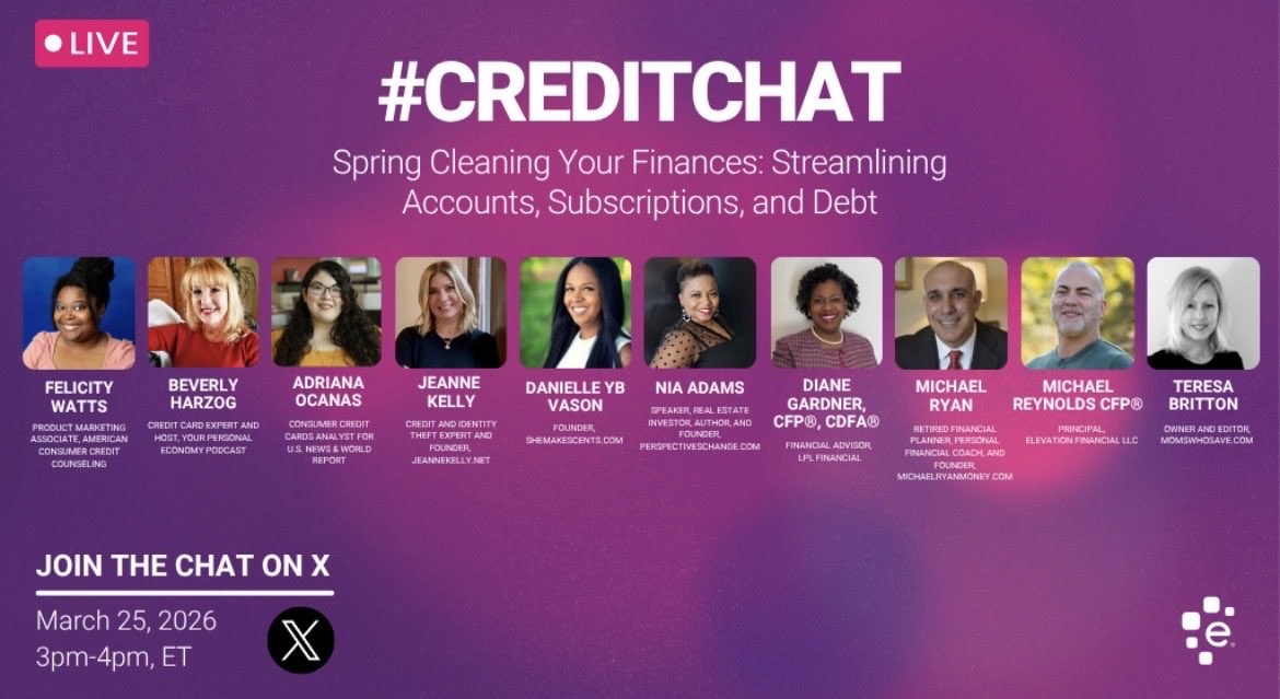 Join me today at 3pm to discuss “Spring Cleaning Your Finances” <a href="/Experian/">Experian</a> #CreditChat