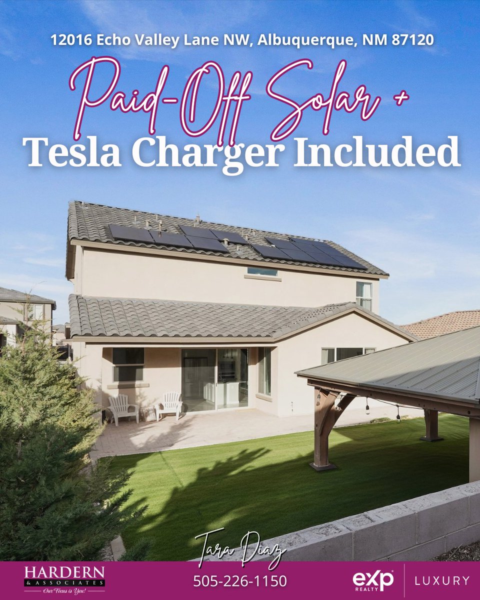 taradiazrealtor's tweet image. ☀️ Paid-off solar + Tesla EV charger. Already in the home.  📍 Albuquerque, NM — $530K 3 bed · 3 bath · 2,328 sqft · Built 2022 ✅ No lease to assume ✅ Green certified ✅ Move-in ready  Northwest Heights. The real deal.  DM for tour info ⬇️  #SolarHome #AlbuquerqueRealEstate