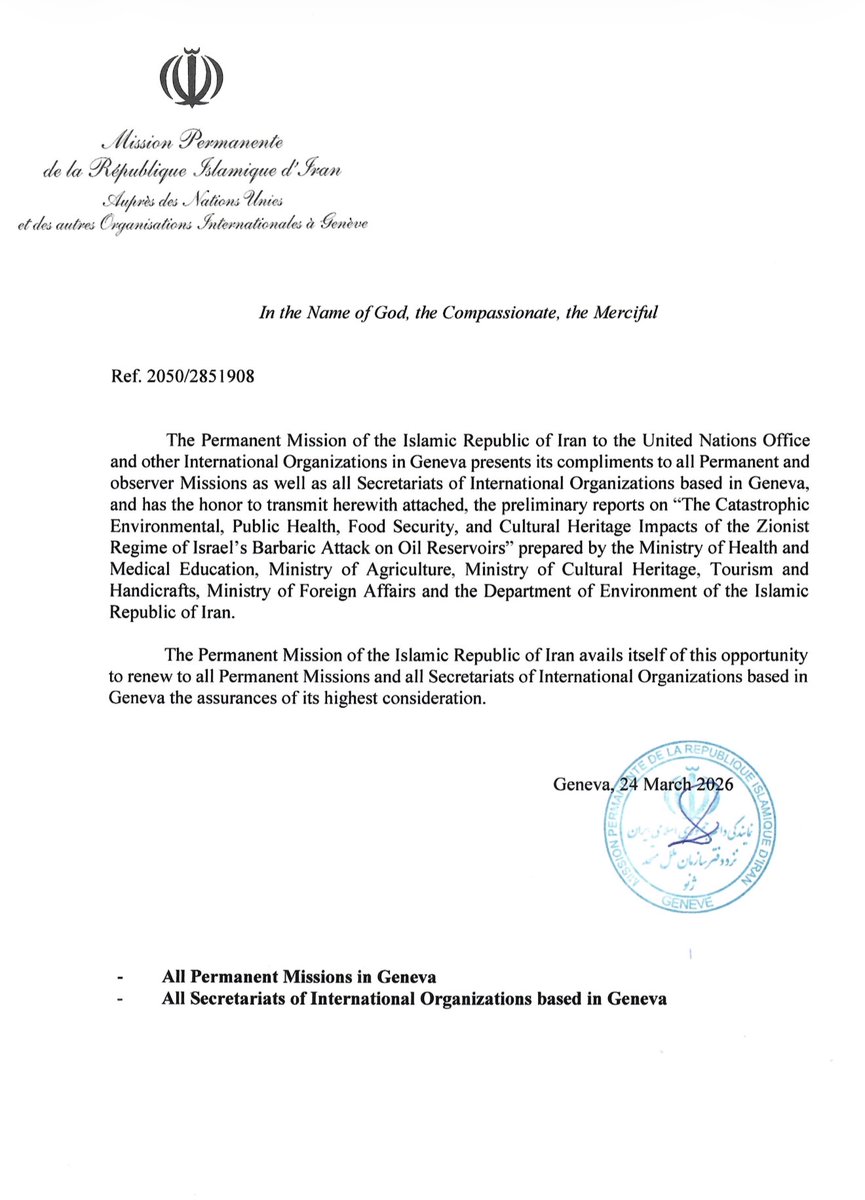 PMIRAN_GENEVA's tweet image. Targeting civilian infrastructure and fuel reservoirs is a violation of international humanitarian law, constituting #war_crimes and #ecocide.  

Iran’s ambassador to the #UNOG, @AliBahreini5 called upon the international community to ensure accountability and seek reparations