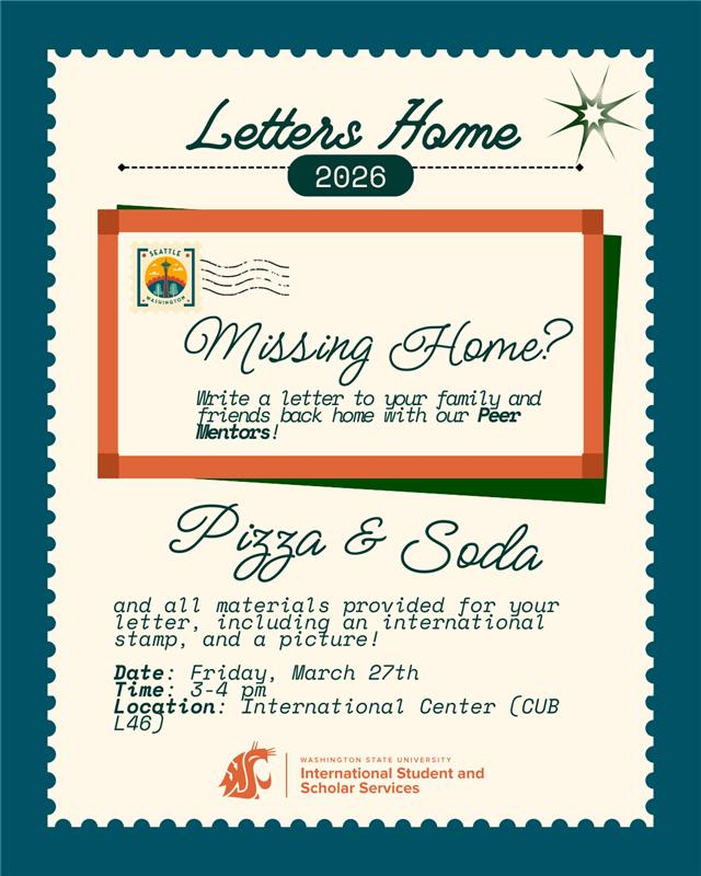 WashStateIP's tweet photo. Stop by and write a letter home!
🍕 Free pizza &amp; soda!
Take a break, meet fellow Cougs, and send some love across the globe 💌
📅 Friday, March 27
🕒 3–4 PM
📍 International Center (CUB L46) https://t.co/q2vt8rr4J0