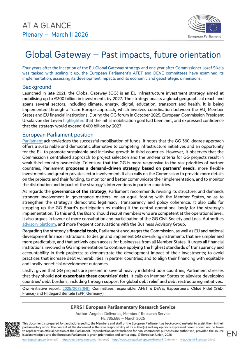 EP_EPRS's tweet image. After a successful mobilisation of funds, MEPs will debate and vote on proposed changes to the current EU #GlobalGateway approach in terms of strategy, governance, financial tools, and debt alleviation.

Read👇

#EPlenary @EP_ForeignAff @EP_Development @ChloeRidel @hildebentele