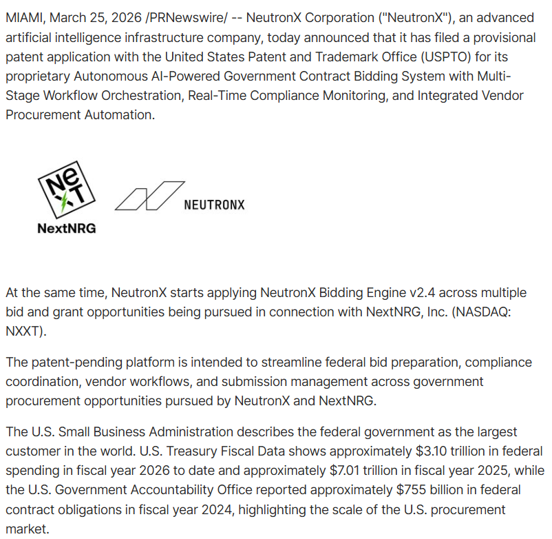 RoopePuurunen's tweet photo. I think the most important part of this NextNRG Inc. (NXXT) narrative is not the buzzword

It is the stack. There is the infrastructure stack
Then there is now the procurement stack: provisional patent, Bidding Engine v2.4, multiple live opportunities, plus a market measured in $3.10T, $7.01T, and $755B

That is why I keep paying attention. When a company or its partner starts building not only the solution but also the workflow engine to compete for that solution inside government channels, the upside math can change
In federal markets this large, better compliance, faster coordination, stronger vendor handling, and cleaner submissions are not tiny details

They are the difference between chasing opportunity and actually converting it
That is why this release feels bigger to me than a normal small-cap patent headline. NFA

$INTC $HPE $LUNR $VCX $MDA.TO