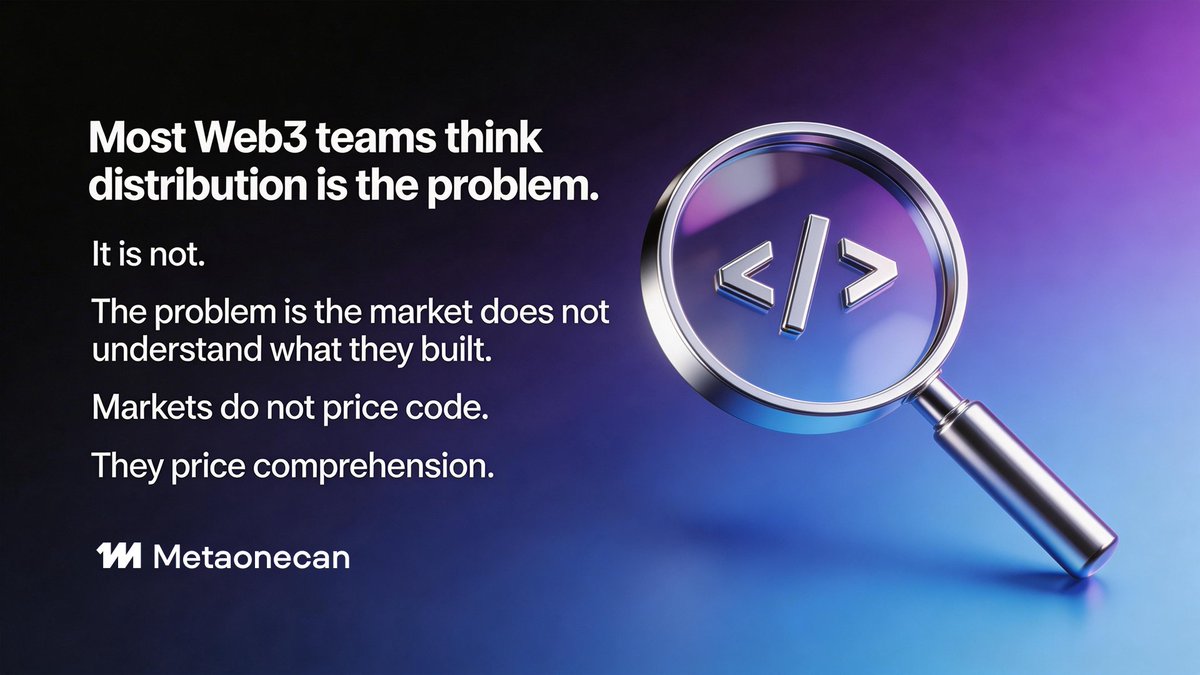 MetaOnecan's tweet image. Most Web3 teams think distribution is the problem.
It is not.

The problem is the market does not understand what they built.

Markets do not price code.
They price comprehension.

#Web3 #CryptoNarrative #GoToMarket #PR
