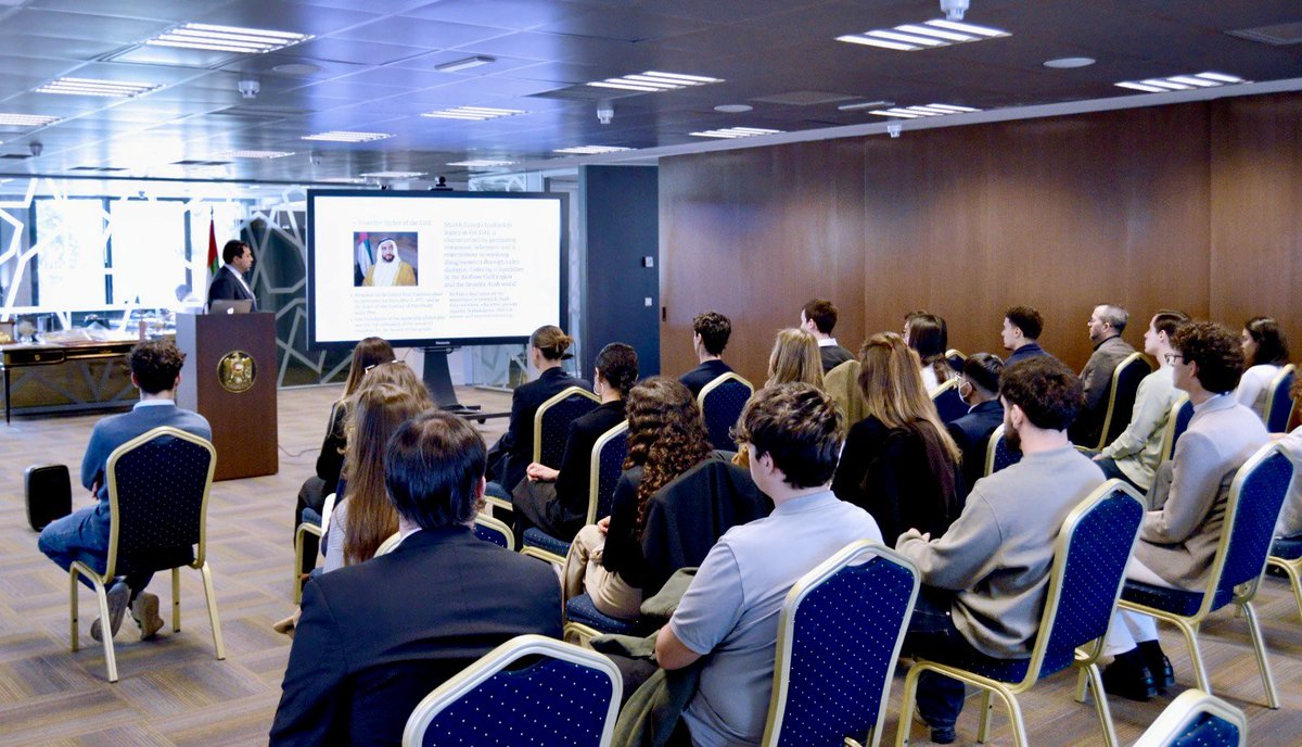 UAEEmbassyES's tweet photo. El Embajador de #EAU en #España, Saleh Al Suwaidi, recibió a estudiantes de @UNIEUniversidad     en una conferencia sobre la política exterior 🇦🇪 y la situación actual de los ataques iraníes, además de la acción humanitaria y diplomacia económica 🇦🇪 para la estabilidad global https://t.co/yBF3UsDwbJ