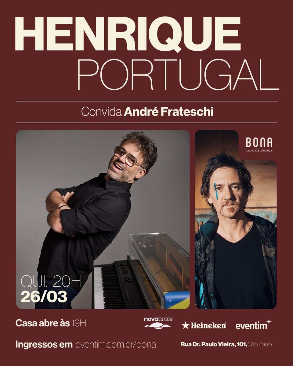 jnflesch's tweet photo. Henrique Portugal (Skank) faz show amanhã em São Paulo e convida ao palco André Frateschi, no Bona.

Venda na Eventim, e seguidores do Flesch ganham desconto de 50% usando o código HENRIQUE26

Mas o desconto é limitado a 20 pessoas. Quer ver o Henrique Portugal amanhã? Então corre!