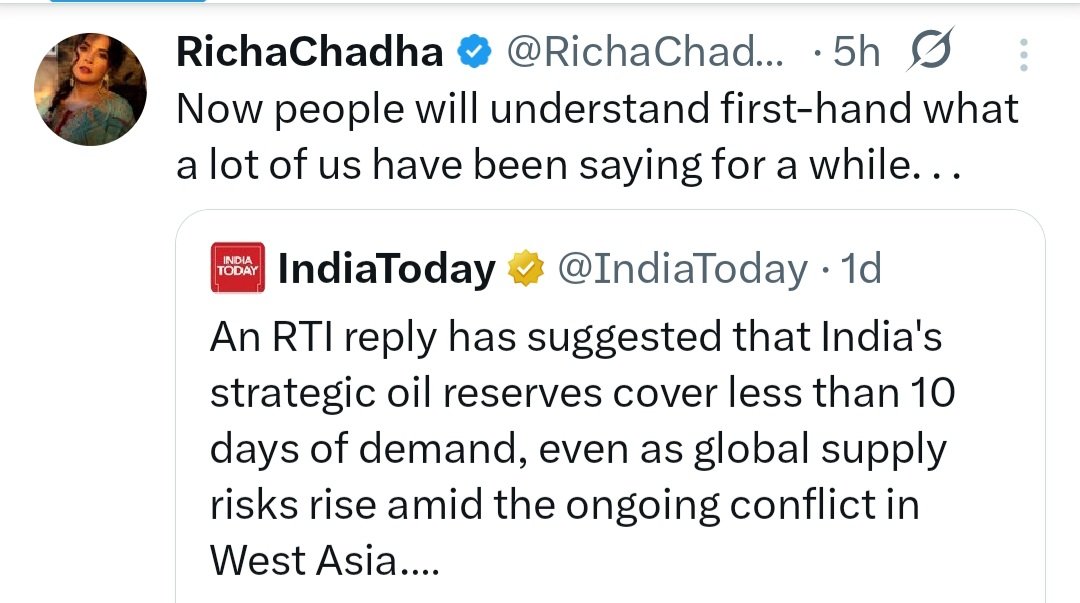 This failed starlet is now pretending to be an Oil &amp; Gas expert,huh?

Oil Companies have solid reserves of 64.5 days..so effectively speaking,we have strategic Oil reserves of 74 days (64.5+9.5)

The 9.5 days being spoken of here pertain only to Strategic Petroleum Reserves (SPR)