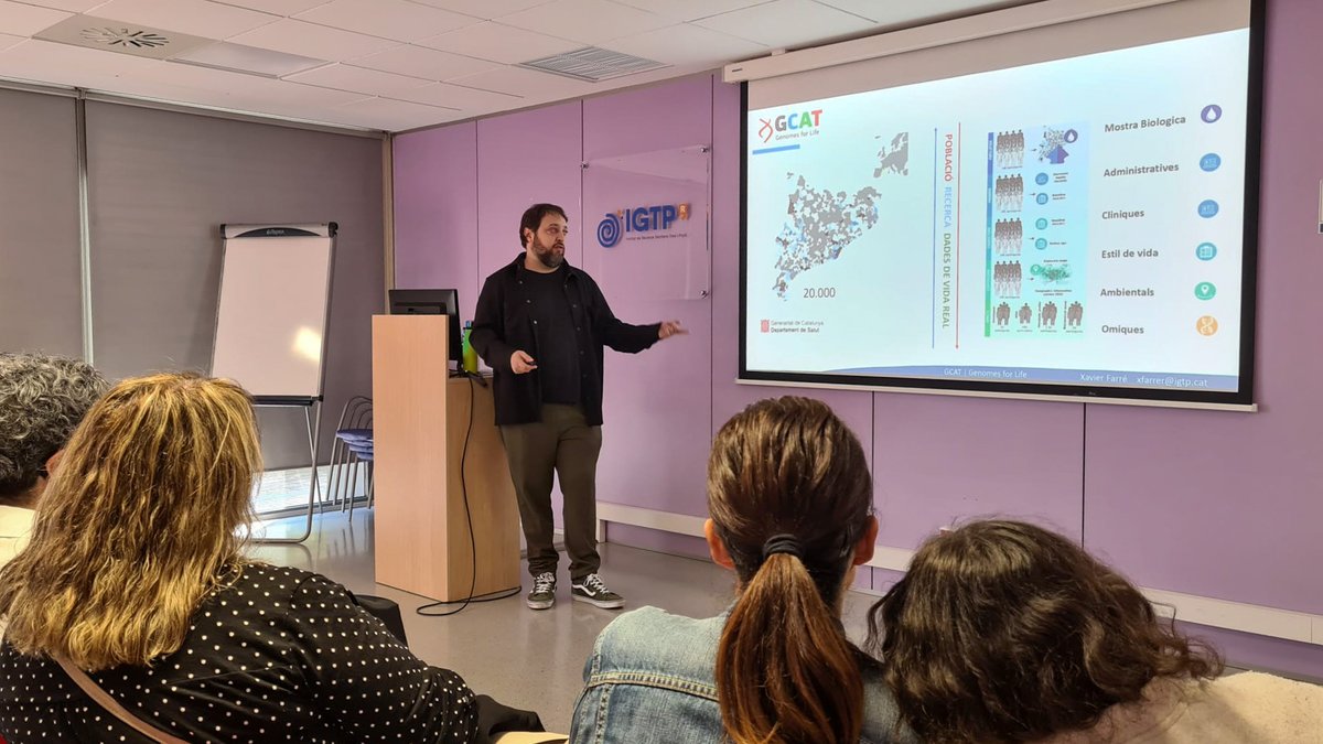 GTRecerca's tweet photo. 🩵 Avui hem rebut una visita de donats de @la_marato, que han pogut conèixer què és una cohort poblacional i com ens ha permès analitzar de manera ràpida i eficient la #COVID19 i la #COVIDpersistent 

🗣️ De la mà de de l'equip de GCAT|Genomes for Life @GCATcohort https://t.co/BIDOb3kJET