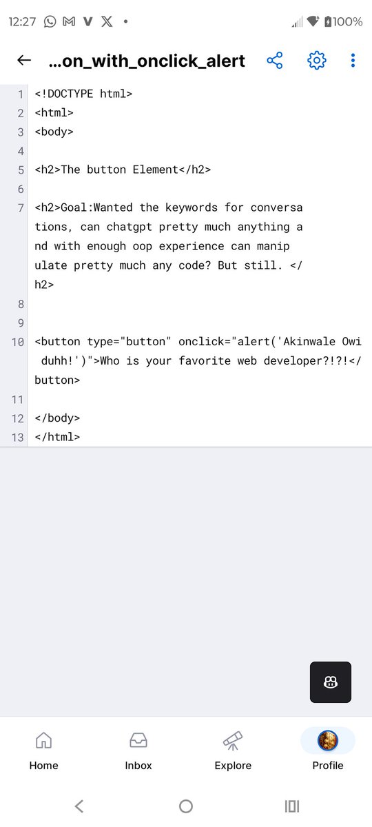Zero_Greene's tweet photo. Html: button with on click alert code. Pics are subpar but there are code pics too. GitHub: https://t.co/apRfwBYi68
....
#basichtml #htmlbeginners #htmlbasics https://t.co/HNtQMHWC8H