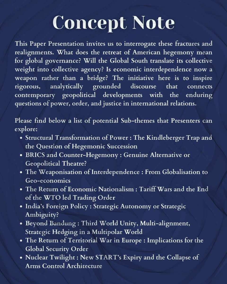 polsohindu's tweet photo. World order is fracturing. Alliances shifting. Trade is a weapon. Who shapes what’s next?

The Dept. of Political Science, Hindu College presents N.N. Agarwal Paper Presentation 2025–26.
Theme: Fractures &amp; Realignments

Submit abstracts by 29 April-
polsodept.hindu@gmail.com https://t.co/b9oL3v0f4a
