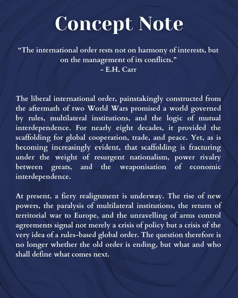 polsohindu's tweet photo. World order is fracturing. Alliances shifting. Trade is a weapon. Who shapes what’s next?

The Dept. of Political Science, Hindu College presents N.N. Agarwal Paper Presentation 2025–26.
Theme: Fractures &amp; Realignments

Submit abstracts by 29 April-
polsodept.hindu@gmail.com https://t.co/b9oL3v0f4a