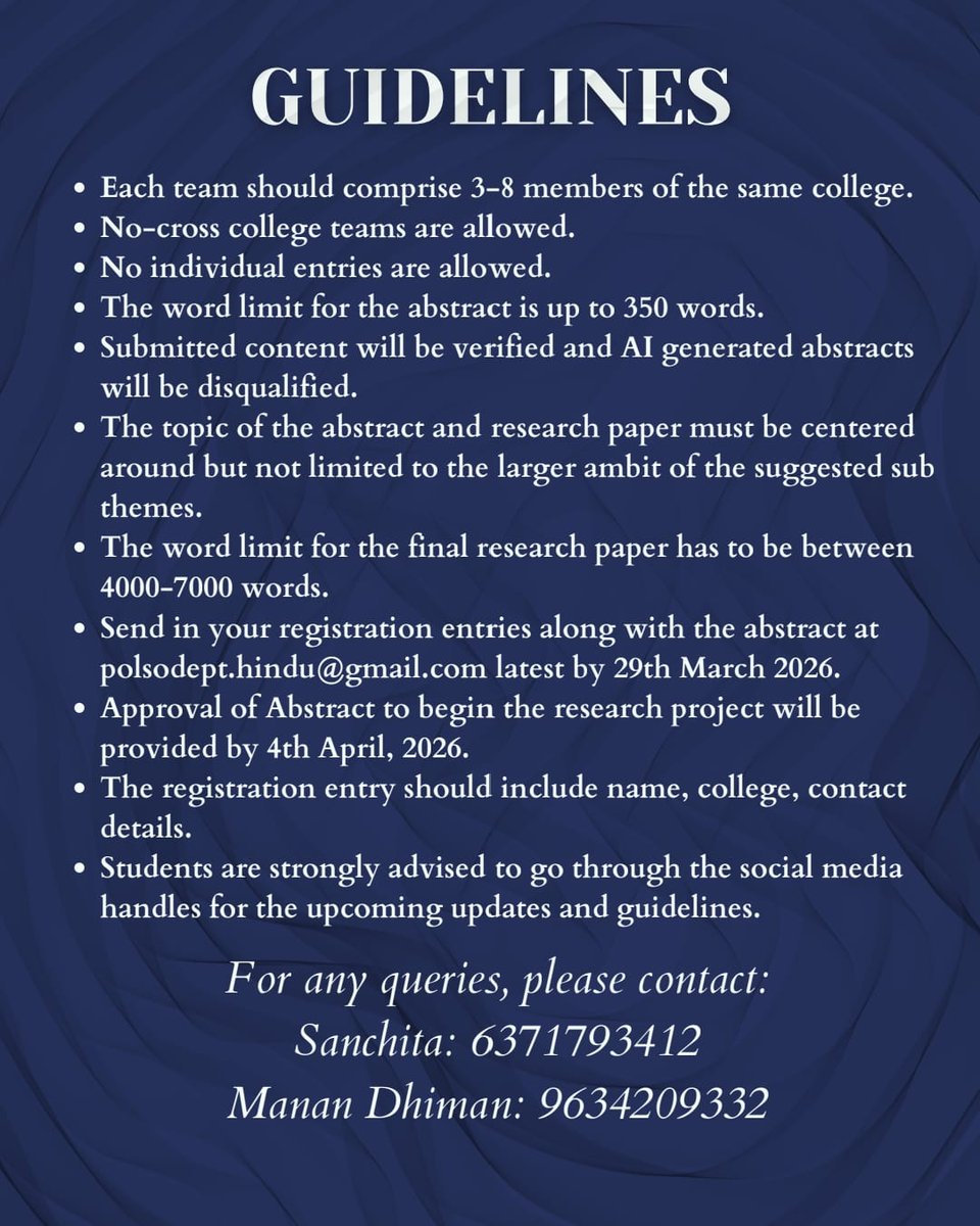 polsohindu's tweet photo. World order is fracturing. Alliances shifting. Trade is a weapon. Who shapes what’s next?

The Dept. of Political Science, Hindu College presents N.N. Agarwal Paper Presentation 2025–26.
Theme: Fractures &amp; Realignments

Submit abstracts by 29 April-
polsodept.hindu@gmail.com https://t.co/b9oL3v0f4a