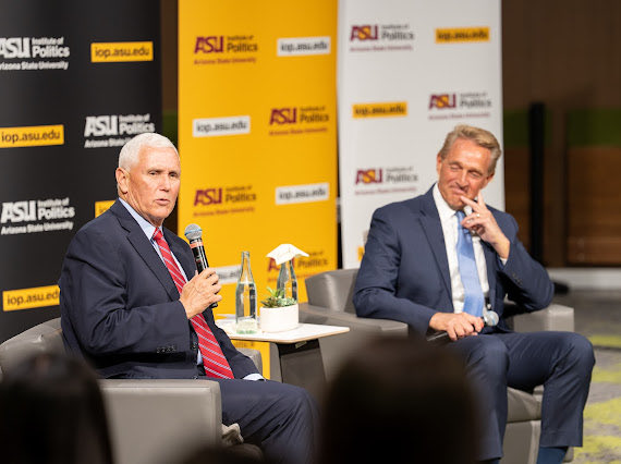 Mike_Pence's tweet photo. Great to be @ASU Institute of Politics, with my friend @JeffFlake as part of their Dialogues for Democracy Series. Thanks to all the Sun Devils for the Warm Arizona Welcome!🌵🏜️https://t.co/cWzCN2paHy https://t.co/MkTZh9K4Pn