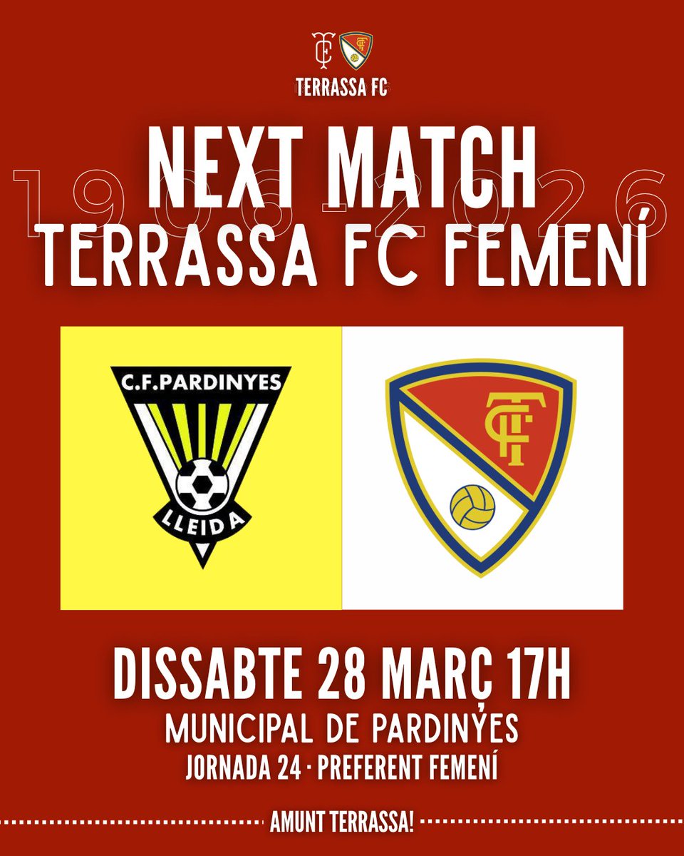 TerrassaFC's tweet photo. ๐ดโช ๐ง๐๐ฅ๐ฅ๐๐ฆ๐ฆ๐ ๐๐ ๐๐๐ ๐๐กร โช๐ด
๐ฃ DISSABTE, MATX A #LLEIDA!
โ๏ธ 17h๐โผ๏ธ
๐ #CFPardinyesโ๏ธ
๐ Municipal de Pardinyesโผ๏ธ
โฝ JORNADA 2๏ธโฃ4๏ธโฃ #PreferentFemenรญโ๏ธ
๐๏ธ ENTRADA GRATUรTA โผ๏ธ
๐ https://t.co/PjChOdwWlZ
๐ AMUNT #TERRASSA! ๐ https://t.co/jVCEJC8IzF