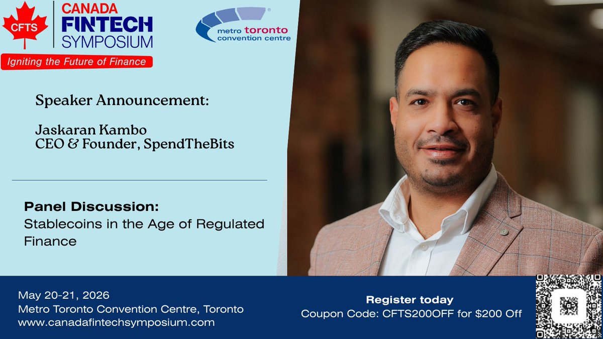 Jay_SpendDBits's tweet photo. I will be speaking at the Canada FinTech Symposium 2026 in Toronto along side with @Visa and others..

Panel Name: “Stablecoins in the Age of Regulated Finance”.

Grateful to represent @Spend_The_Bits as we help bridge traditional banking and stablecoin payments.

🗓 May 20–21, 2026 📍 Metro Toronto Convention Centre

Use code CFTS200OFF for $200 off → https://t.co/jBZwZNUJrj

#CanadaFinTechSymposium #Stablecoins #FinTechCanada #SpendTheBits