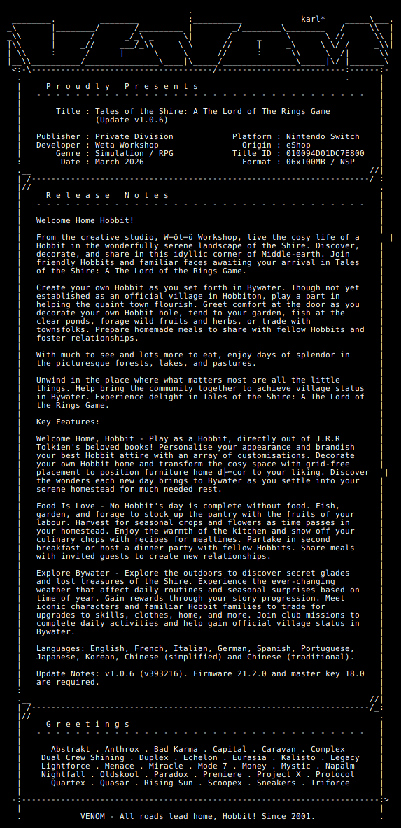 switch_predb's tweet photo. New Release by VENOM!

Tales_of_the_Shire_A_The_Lord_of_The_Rings_Game_Update_v1.0.6_NSW-VENOM [010094D01DC7E800][55891157]
Size: 497.24 MiB

View on Tinfoil: https://t.co/9VhpAEpnsg
View on eShop: https://t.co/hQYcJrDCsI https://t.co/AH42pg6elC