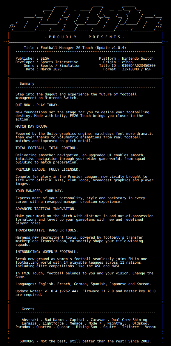 switch_predb's tweet photo. New Release by SUXXORS!

Football_Manager_26_Touch_Update_v1.0.4_NSW-SUXXORS [0100D4A023450800][708B3581]
Size: 1.98 GiB

View on Tinfoil: https://t.co/I6OBSoKgTW
View on eShop: https://t.co/k9Kxai9pJX https://t.co/MqE6tHb3YT