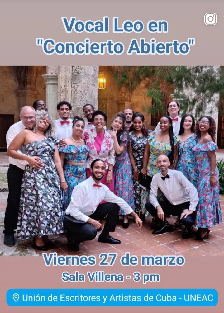 Este viernes 27 de marzo a las 3 pm, #VocalLeo en #ConciertoAbierto. Un espacio para la "música académica" de la Asociación de <a href="/MusicosUNEAC/">Asociación de Músicos - UNEAC</a> <a href="/UNEAC_online/">UNEAC</a> <a href="/CubaEsCultura/">MinCult - Cuba</a> <a href="/IcsCuba/">Instituto de Información y Comunicación Social</a> <a href="/cubano_musica/">Instituto Cubano de la Música</a>