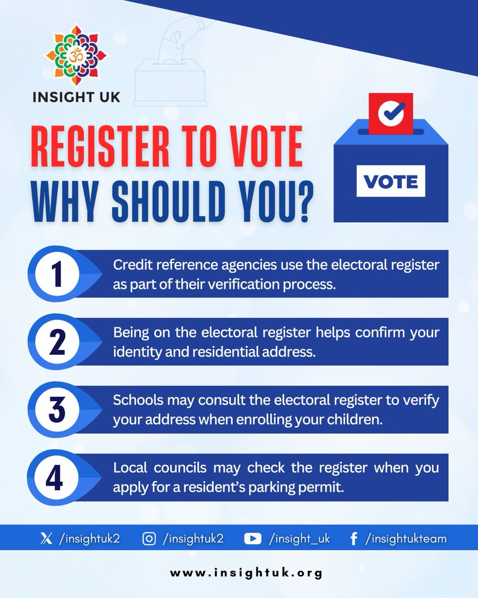 INSIGHTUK2's tweet photo. 🗳️ Why should you register to vote?

It’s not just about elections being on the electoral register helps with everyday life too!

✅ Credit reference agencies use it to verify you
✅ It confirms your identity & address
✅ Schools check it when enrolling your children
✅ Councils use it for resident’s parking permits

Don’t miss out on these important benefits.

Registration Link in reply.

#RegisterToVote #VoteUK #CivicDuty