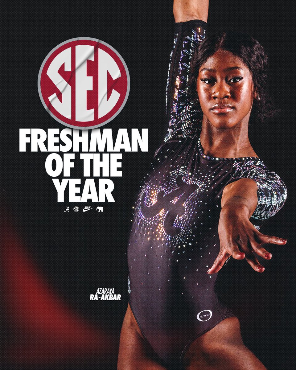 BamaGymnastics's tweet photo. Azaraya Ra-Akbar. @SEC Co-Freshman of the Year.

Ra-Akbar becomes the first @UA_Athletics gymnast to earn Freshman of the Year honors since Andreé Pickens in 1999 and is the fourth freshman overall to receive the recognition!

📰 https://t.co/w6aIJU9j0o

@yea_ala | #RollTide https://t.co/mcvXqaZcBz
