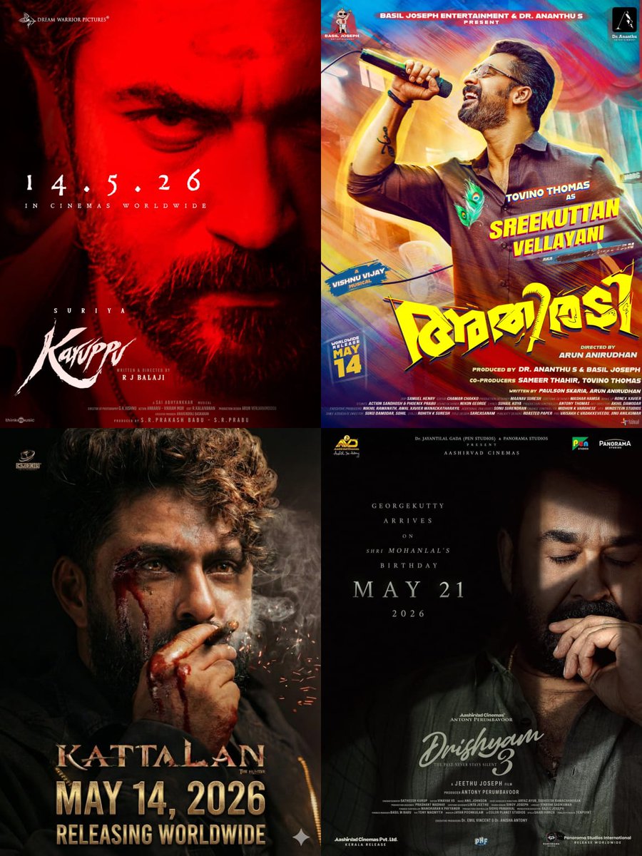_CineSphere_'s tweet photo. May Releases 2026 

#Karuppu - May 14
#Athiradi - May 14
#Kattalan - May 14
#Drishyam3 - May 21  

Theatre blast💥 https://t.co/kTYgIfzhcx