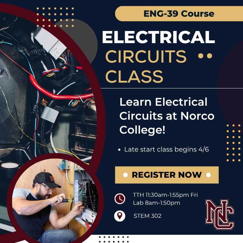 NorcoCollege's tweet image. Learn Electrical Circuits at Norco College! Register now. Class begins April 6th.

#engineering #engineeringtechnology #cte #electricalengineering #electricalcircuits