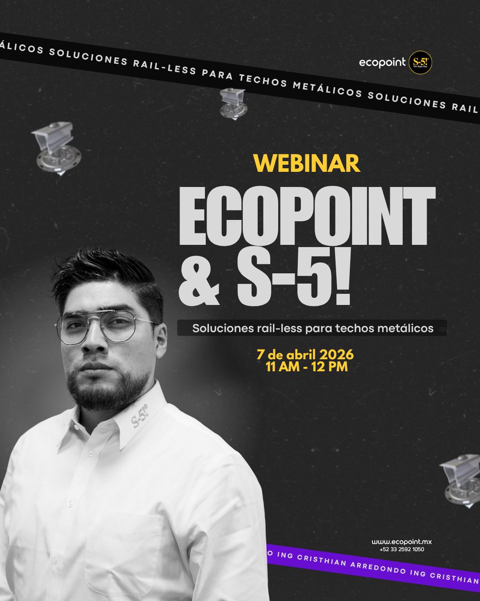⚡ WEBINAR: #Ecopoint &amp; @s5techosmetalicos

Aprende a implementar soluciones rail-less para techos metálicos y optimiza tus instalaciones solares.

📅 7 de abril
⏰ 11 AM – 12 PM

👉 Regístrate aquí:
ecopoint.com.mx/r/tD7

#EcopointMX #S5TechosMetalicos #SinRieles #EnergiaFV