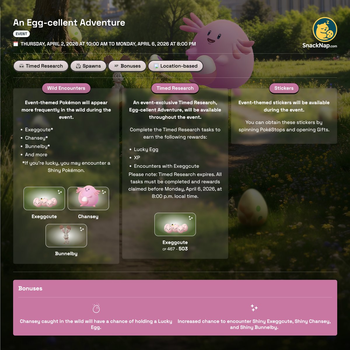snacknapcom's tweet image. 🥚 An Egg-cellent Adventure begins in Pokémon GO!

🗓️ April 2 – April 6
🌍 Available across Europe

Get ready for Egg-focused bonuses and special Pokémon.

Details:
snck.cc/1268

#PokemonGO #PokemonGOEvent #SnacknapGO #PokemonGOEurope