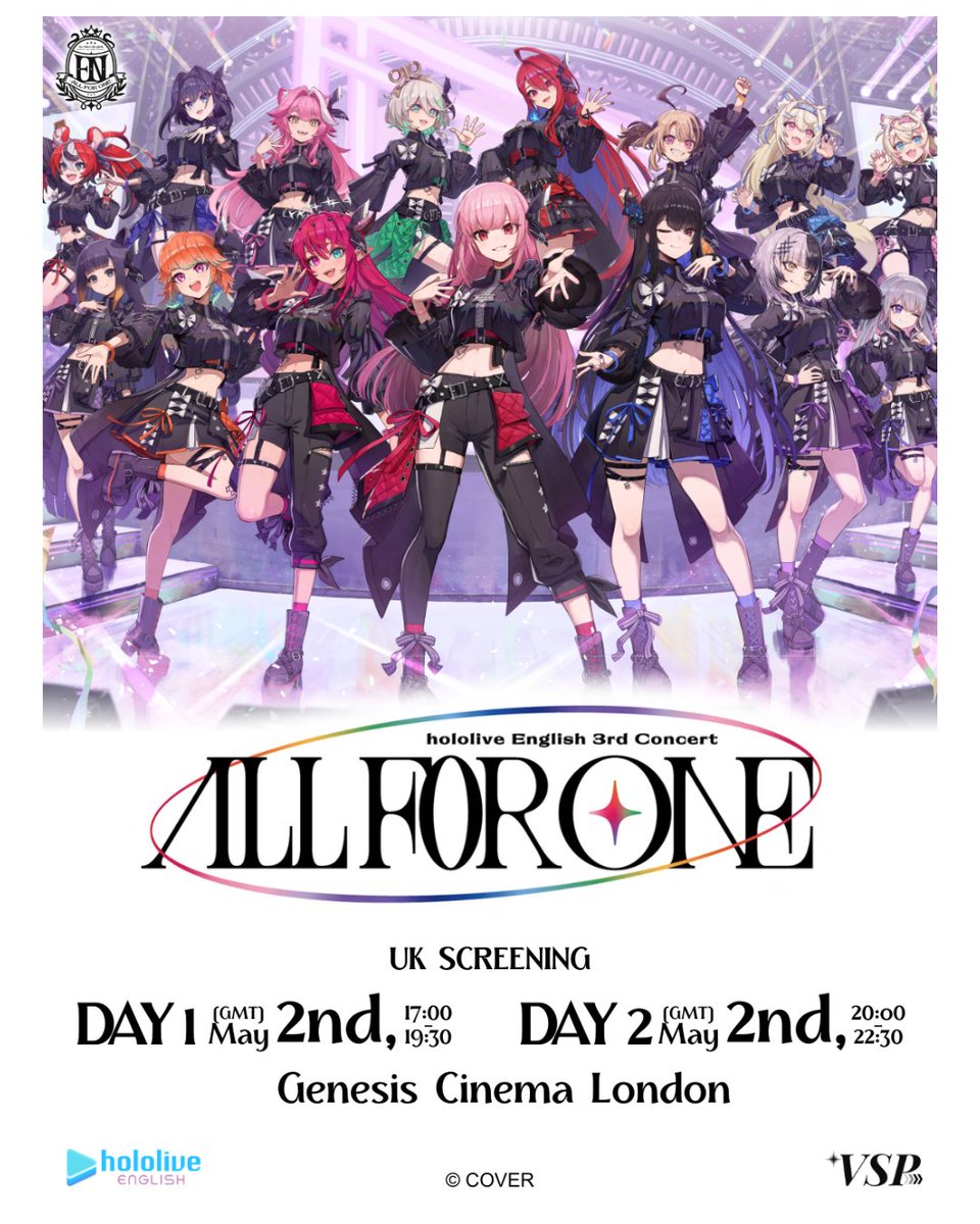 🚨🇬🇧 UK HOLOLIVE FANS! 🇬🇧🚨
hololive English 3rd Concert – All for One is coming to the UK for its FIRST official screening!🎤✨
📍 Genesis Cinema, London
🗓 2 May 2026 
🎟 Starting from £35
Tickets from 10 March 
🎫 allforonescreening.com
Don’t miss it!🔥