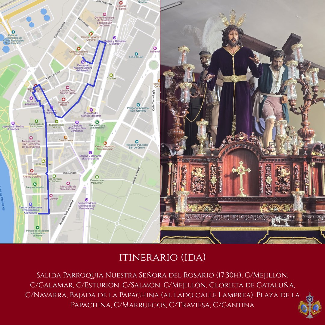 APRosarioSJ's tweet photo. #APRosarioSJ26 | Horario у recorrido para la Salida Procesional del próximo #SábadodePasión.

▶️ Salida (Cruz de Guía): 17:30h.

▶️ Tramo en silencio: Calle Marruecos, desde la confluencia con calle Larache hasta calle Burgos.

▶️ Entrada (Cruz de Guía): 00:50h.

#RosariodeSanJerónimo