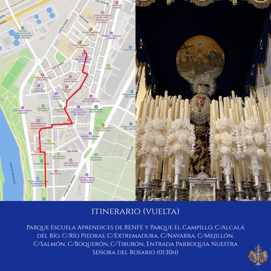 APRosarioSJ's tweet photo. #APRosarioSJ26 | Horario у recorrido para la Salida Procesional del próximo #SábadodePasión.

▶️ Salida (Cruz de Guía): 17:30h.

▶️ Tramo en silencio: Calle Marruecos, desde la confluencia con calle Larache hasta calle Burgos.

▶️ Entrada (Cruz de Guía): 00:50h.

#RosariodeSanJerónimo