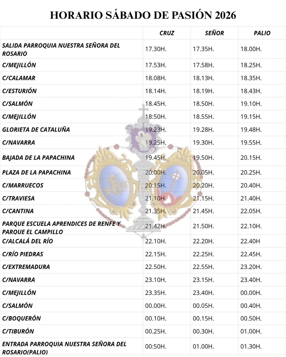 APRosarioSJ's tweet photo. #APRosarioSJ26 | Horario у recorrido para la Salida Procesional del próximo #SábadodePasión.

▶️ Salida (Cruz de Guía): 17:30h.

▶️ Tramo en silencio: Calle Marruecos, desde la confluencia con calle Larache hasta calle Burgos.

▶️ Entrada (Cruz de Guía): 00:50h.

#RosariodeSanJerónimo