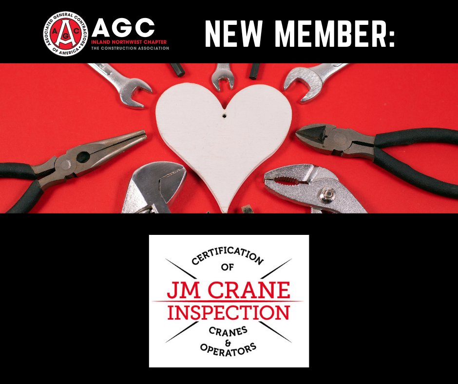 nwagc's tweet photo. Join us in welcoming JM Crane Inspection Inc to the Inland Northwest AGC!

They are your source for crane operator training, NCCCO certification, WA L&amp;I Crane Inspection.

We're excited to welcome them to the AGC family!

#newmember #nwagcmember #buildwiththebest https://t.co/VNodJx2I5Q