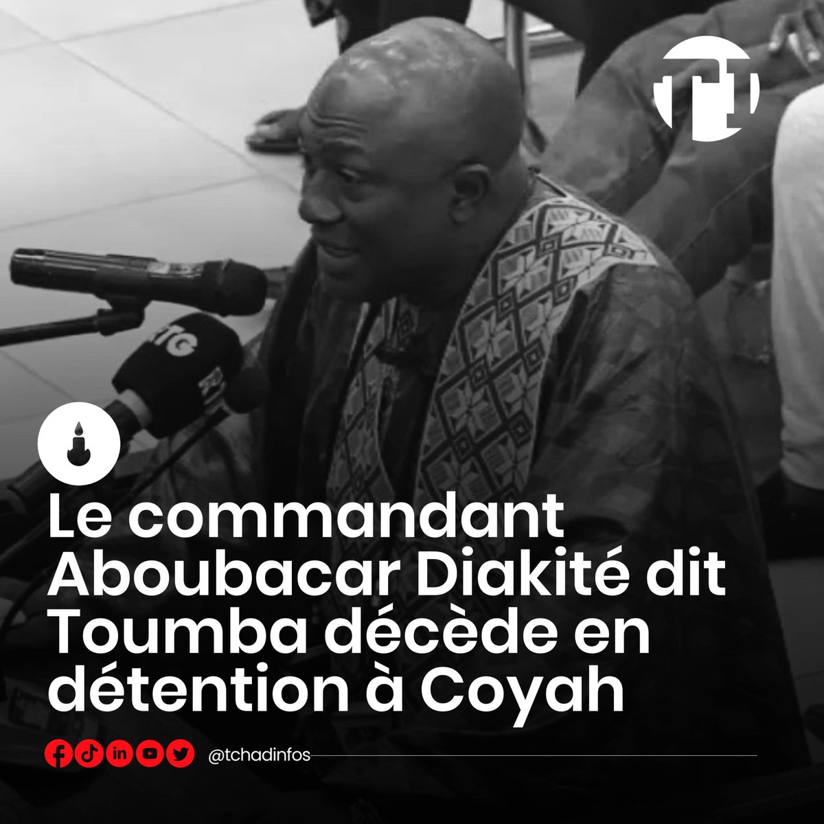 tchadinfos's tweet photo. Dans un communiqué publié ce 25 mars 2026, l’administration pénitentiaire #guinéenne 🇬🇳 annonce le décès du commandant Aboubacar Diakité, dit « #Toumba », survenu à l’hôpital militaire de Conakry après une dégradation de son état de santé, liée notamment à une tuméfaction épigastrique, des douleurs abdominales,  une constipation chronique et des troubles du sommeil.