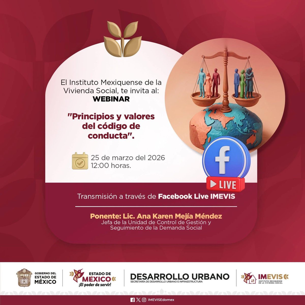 IMEVISedomex's tweet photo. ✨⏰Te esperamos a las 12:00 horas en nuestro #WebinarIMEVIS, "Principios y valores del código de conducta", en el que
podrás informarte acerca de la importancia de la ética en el servicio público.
Facebook Live. 💻
#ElPoderDeServir https://t.co/N3RRjN6Ucg