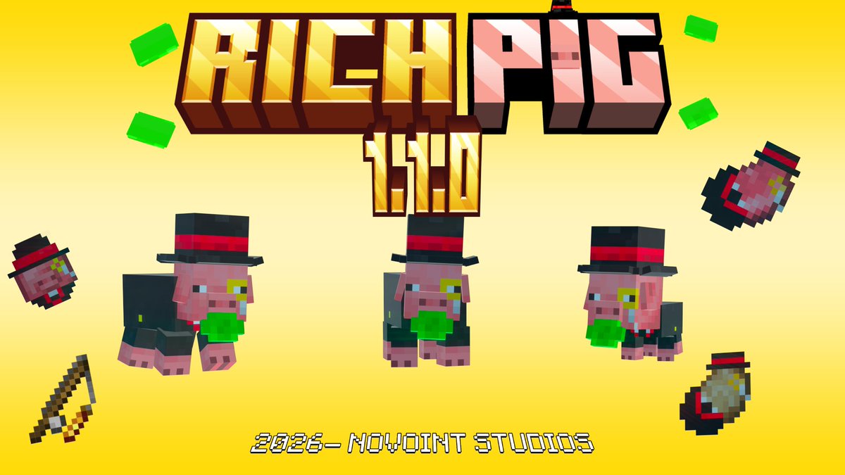 NoVoint's tweet image. Hello everyone!
We are going to have some days full of releases,we are hyped for what we are going to showcase this days,here Is a schedule:
•Tomorrow: 1.1.1 Rich Pig
•Friday: Rich Chicken release!
• Secret!!!
#Minecraft #MinecraftUpdate #minecraftexperience