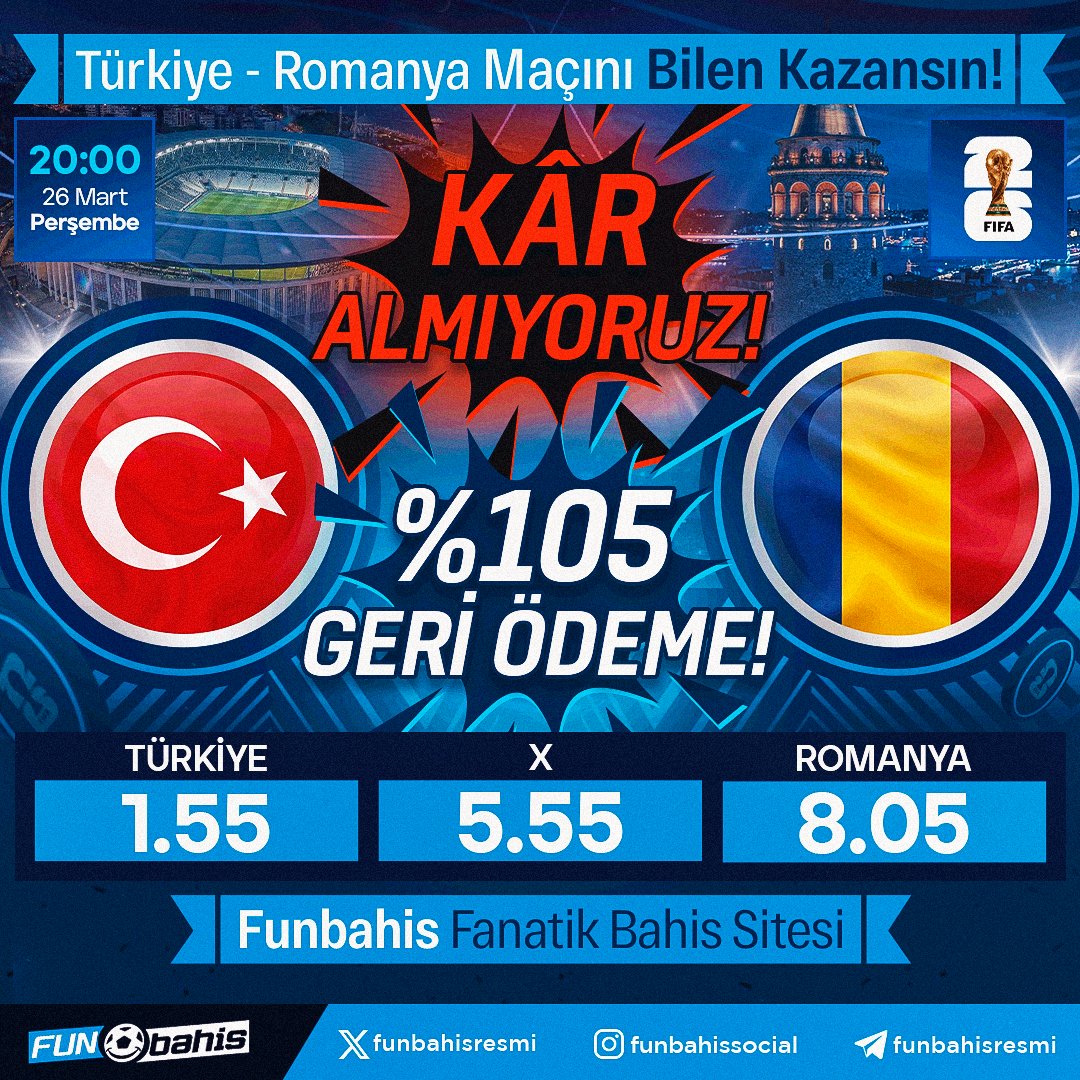 funbahisresmi's tweet photo. ÖZEL ORAN

🇹🇷 Türkiye 1.55 - 8.05 Romanya 🇷🇴

En yüksek oranlar Funbahis'te!

Kar Almıyoruz!
%105 Geri Ödeme

Maksimum bahis limiti yok!🚀
#BizimÇocuklar #TURROU

https://t.co/kAh4ThooIK https://t.co/oKCj6BMY6q
