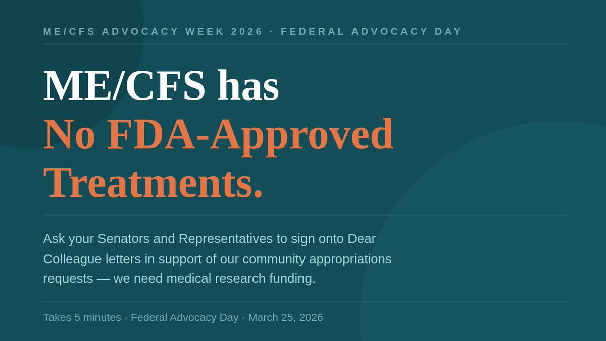 ME/CFS affects ~9 million Americans. There are no FDA-approved treatments. We need medical research funding to change that.

Today advocates are asking Congress to change that - join us! It takes 5 minutes:
solvecfs.quorum.us/campaign/15794…

#MECFS #MEAwarenessHour

<a href="/PlzSolveCFS/">Solve ME/CFS Initiative</a> @meactnet