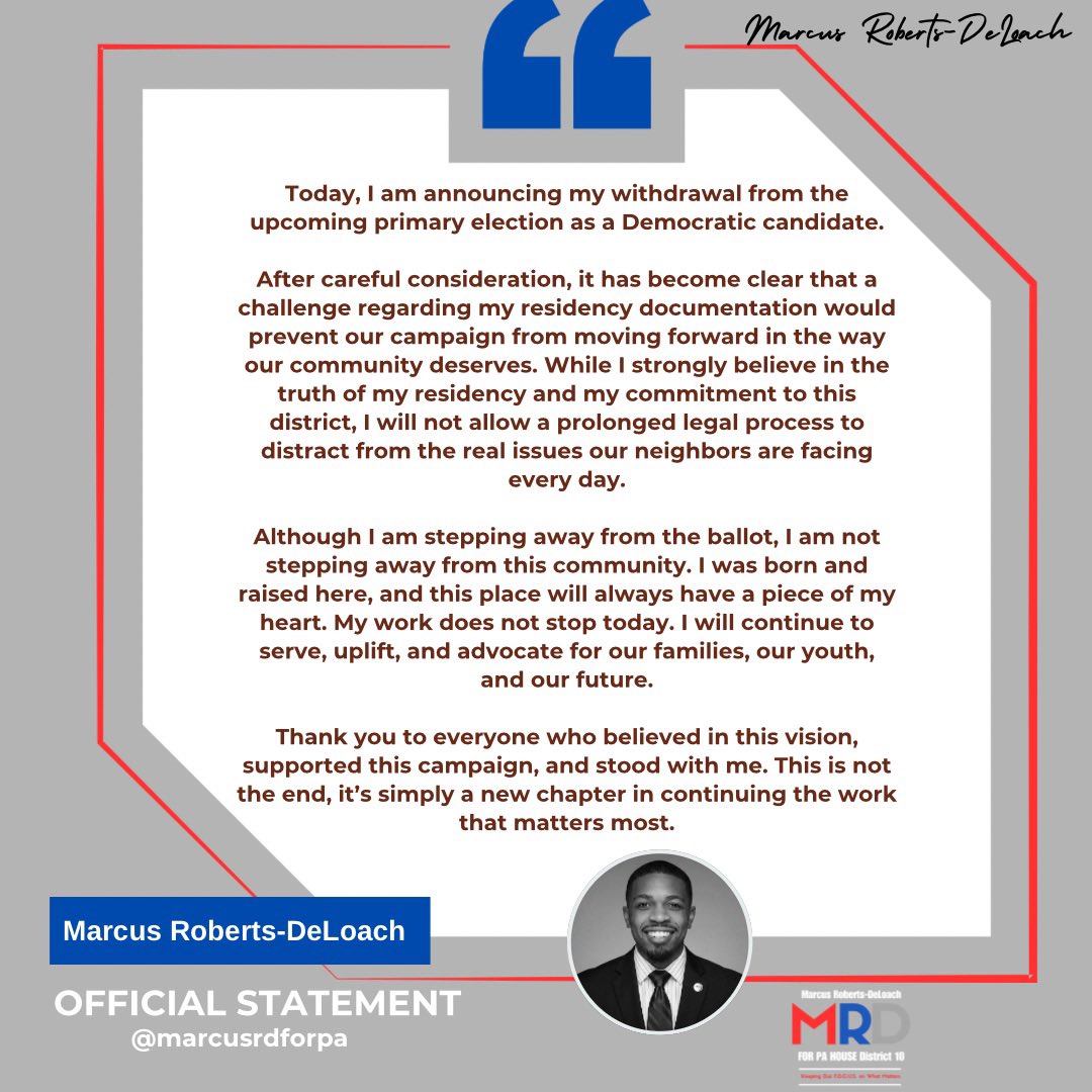 MarcusRDforPA's tweet photo. This isn’t the ending we planned for but it’s also not the end of the work. The F.O.C.U.S. Mission lives on and has only just begun…

I will no longer be a PA House District 10 Democratic candidate for the upcoming Pennsylvania primary election in May. https://t.co/M7mR0rwbV6