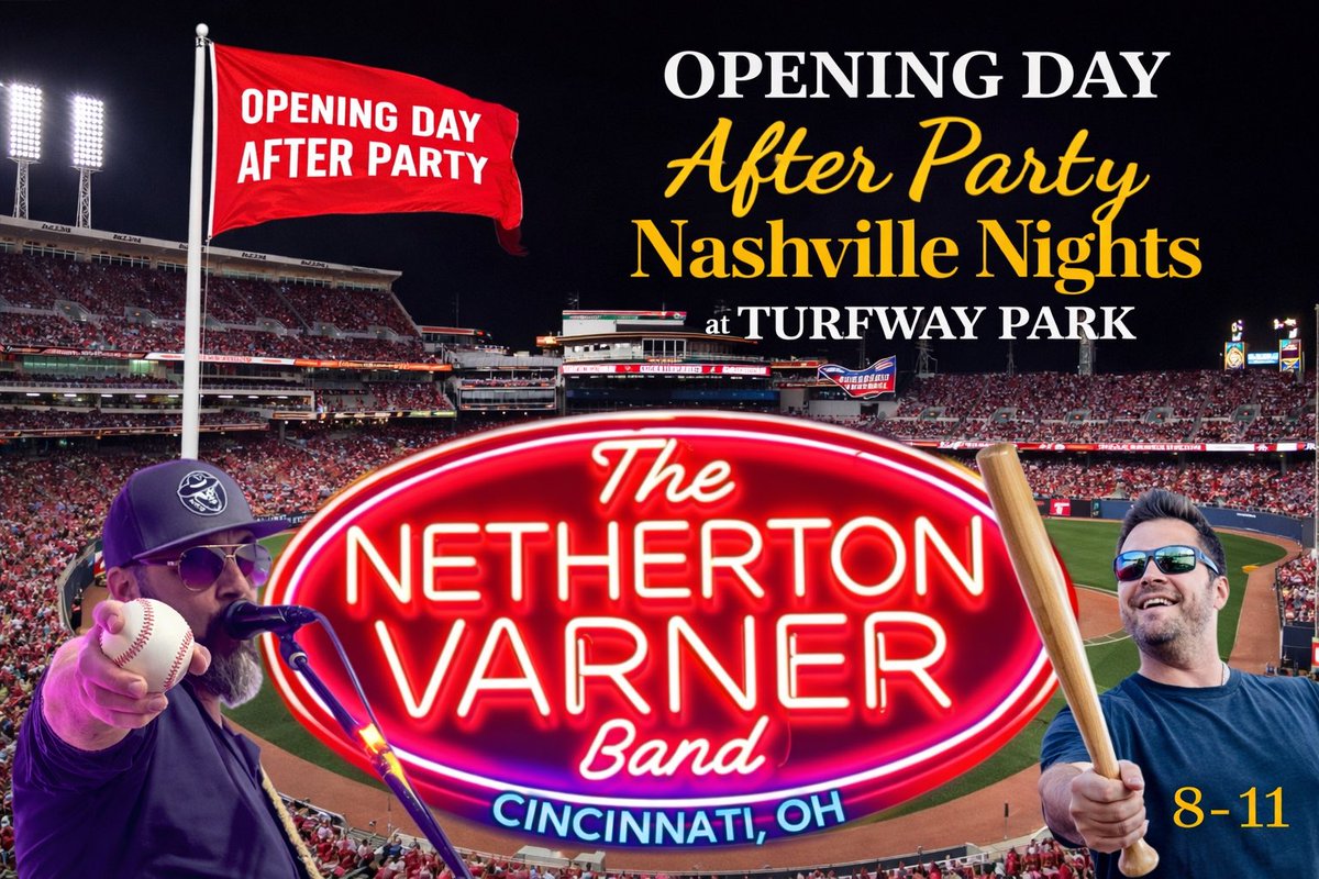 Reds opening Day After Party with The Netherton Varner Band 8-11. It’s also Trifecta Thursday Night Racing Special (staring at 5pm $1 Hot Dogs &amp; beer during live racing) @ Turfway Park March 26, 8:00PM varnernetherton.com/event/6356242/…