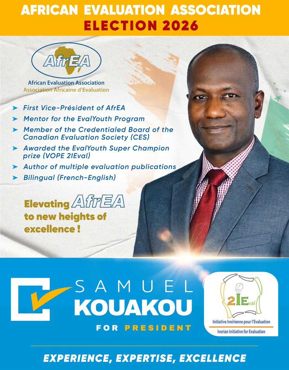 2ieval's tweet photo. 🚀 AfrEA Elections 2026

I am running for President of AfrEA.

With experience as AfrEA’s first Vice-President and strong global engagement, I bring a clear vision:
👉 Impact | Excellence | African Leadership

🗳️ I seek your support.

#AfrEA2026 #Evaluation #Africa #Leadership https://t.co/asmEmd4Mds