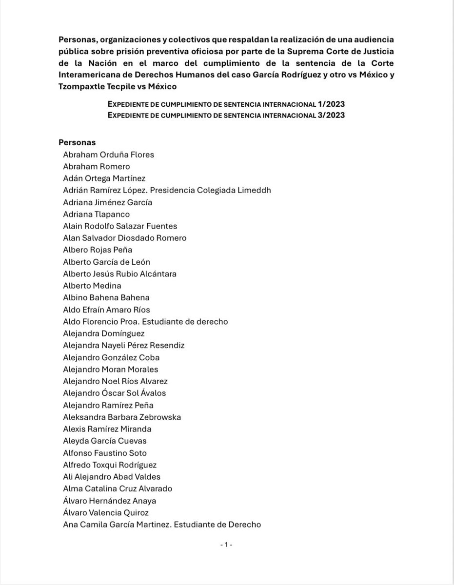 Más de 600 personas, colectivos, instituciones académicas y abogadas/os solicitan a la <a href="/SCJN/">Suprema Corte</a> realice audiencias públicas sobre prisión preventiva oficiosa al analizar el cumplimiento de las sentencias de la <a href="/CorteIDH/">Corte Interamericana de Derechos Humanos</a> de los casos  Tzompaxtle Tecpile y García Rodríguez ambos vs Mx