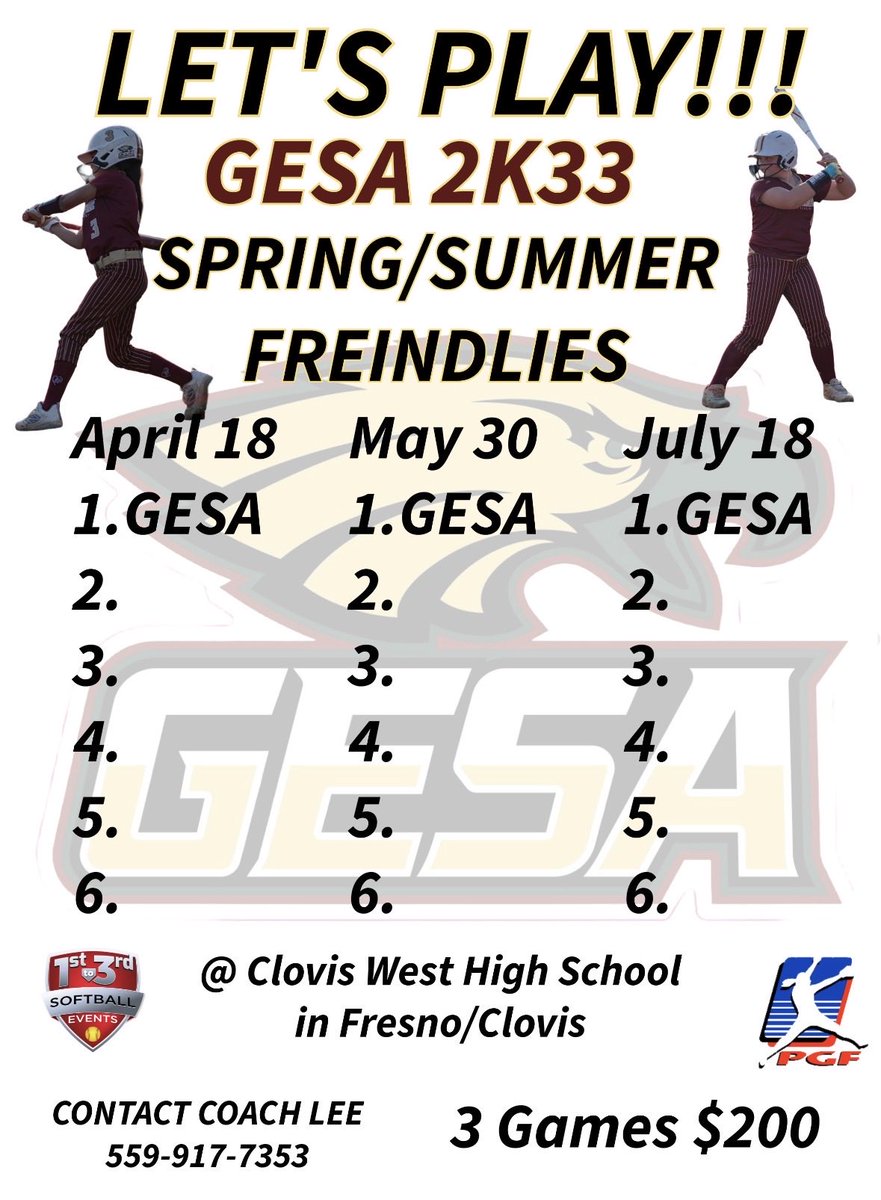 GESA_LEE's tweet photo. GESA presents Spring/Summer Friendlies!!!  3 games 1 day contact Coach Lee if interested. @EastonFastpitch @ExtraInningSB @EvoShieldFP @1stTo3rd @CalHiSports @Sports_Recruits @triplecrownspts @PGFnetwork @MaxPreps @CWSB_BGR8 @westcoastpreps_ https://t.co/xbC8UBXKQQ