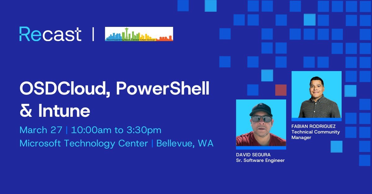SeguraOSD's tweet image. 🎉 We're taking some time during #MVPSummit week to present at nwscug.org on Friday, March 27

#Intune + @fabianrodrguess
#PowerShell + Nathan Ziehnert
#OSDCloud + @SeguraOSD

#NWSCUG Sponsor: @RecastSoftware #SysAdmin #EndpointManagement

events.teams.microsoft.com/event/47409957…