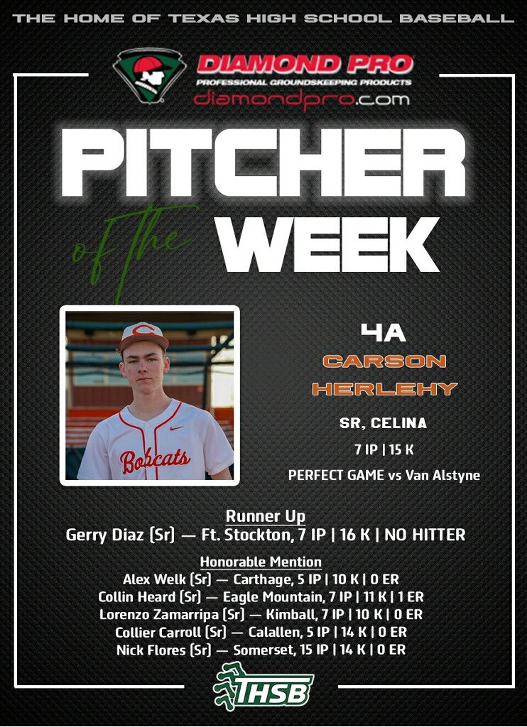 4ATxHsBaseball's tweet photo. 4A @Diamondpropgp Pitcher of the Week https://t.co/N2klXVuMGe