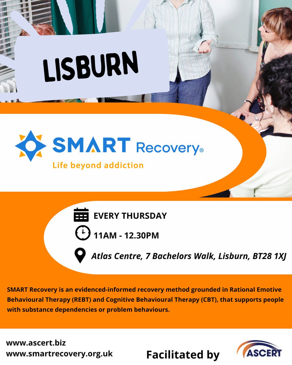 ASCERTNI's tweet photo. Struggling with alcohol or drugs? Join our SMART Recovery Meetings!
π Every Thursday, 11:00 AM - 12:30 PM
π Atlas Centre, Lisburn
πΈ Free
π +18
No registration required - just show up!
#ASCERT #ReducingHarm #SupportingPositiveChange https://t.co/JvaWw0pqGf