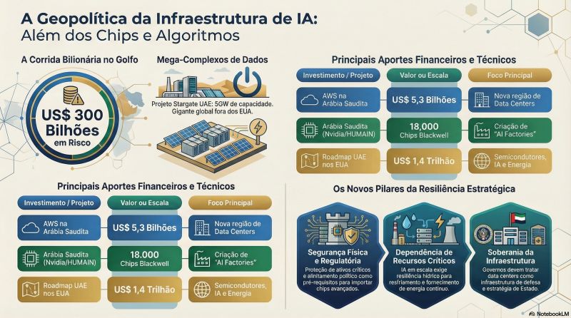 kweros's tweet photo. Infraestrutura de inteligência artificial tornou-se um novo pilar da geopolítica moderna. Investimentos bilionários de nações do Golfo, como Arábia Saudita e Emirados Árabes Unidos, que buscam se tornar centros globais de processamento através de data centers e parcerias com grandes empresas de tecnologia, somados à instabilidade na região, acendem um sinal de alerta. Essa expansão enfrenta sérios riscos que ameaçam a segurança física e operacional de ativos críticos. Assim, a liderança na área de IA agora exige não apenas capital e hardware, mas uma gestão estratégica de resiliência energética, hídrica e logística. Definitivamente, a computação de alta escala deve ser tratada como uma questão de soberania estatal e segurança nacional.