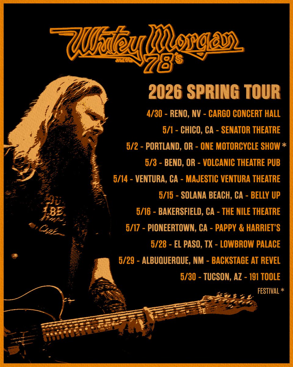 WhiteyMorgan's tweet photo. Hittin’ the road with the 78’s next month! Sign up at the link below for the chance to win a pair of tickets before they go on sale this Friday, March 27 at 10am local.
https://t.co/mZt4PkRHA0 https://t.co/KICMbWtacI
