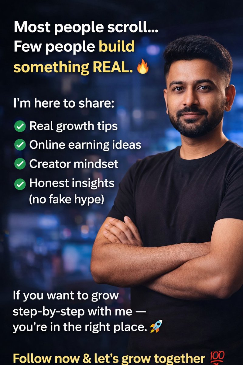 RayanTailor0's tweet photo. Most people scroll…
Few people build something REAL.

I’m here to share:
✔️ Real growth tips
✔️ Online earning ideas
✔️ Creator mindset
✔️ Honest insights (no fake hype 

If you want to grow step-by-step with me — you’re in the right place. 🚀

Follow now &amp; let’s grow together https://t.co/NcyWrymoRy