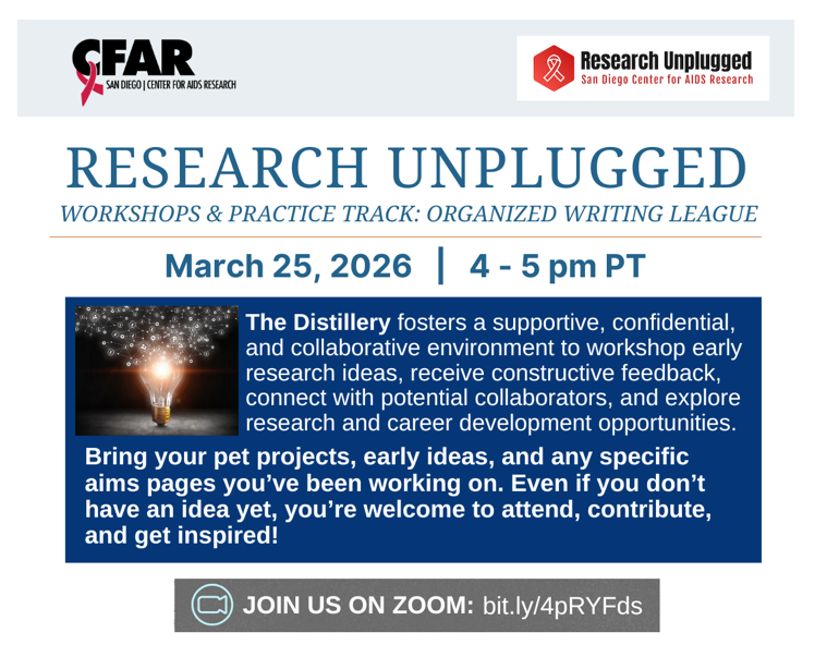 SDCFAR's tweet photo. Please join TODAY from 4-5 pm on Zoom for Research Unplugged, featuring The Distillery!
TOPIC:  The Distillery 
LINK: https://t.co/QNMtMMzaiH https://t.co/z1W6gyWLYs
